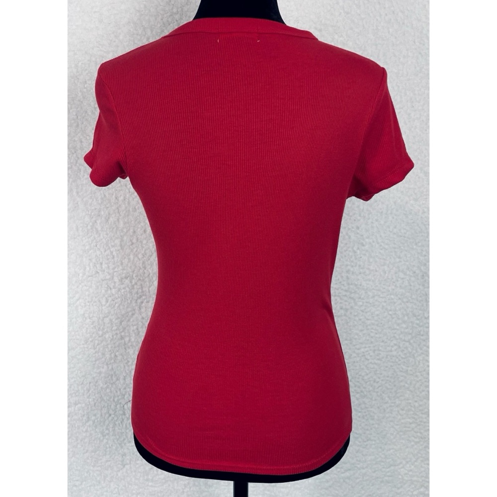 ORANGE KISS • Red/Silver Y2K Rhinestone Butterfly Ribbed Short Sleeve Tee, M - Picture 7 of 13
